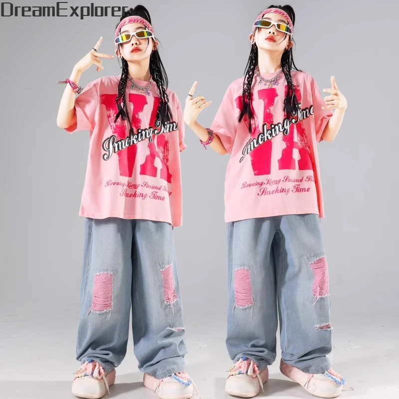 Girls Streetwear Street Dance T-shirt Pink Loose Jeans Hip Hop Clothes Sets Kids Jazz Ripped Denim Pants Outfits Teen Costumes