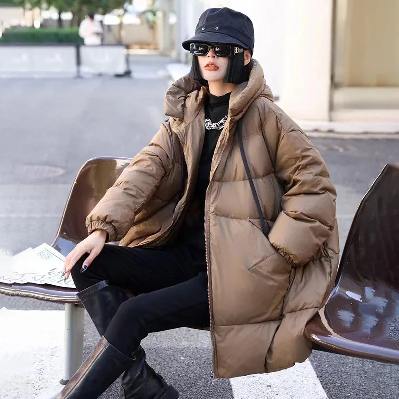 Women\'s Winter Jacket New Thick Warm Large Version Outwear Fashion Casual White Duck Down Loose Mid-length Hooded Down Jacket