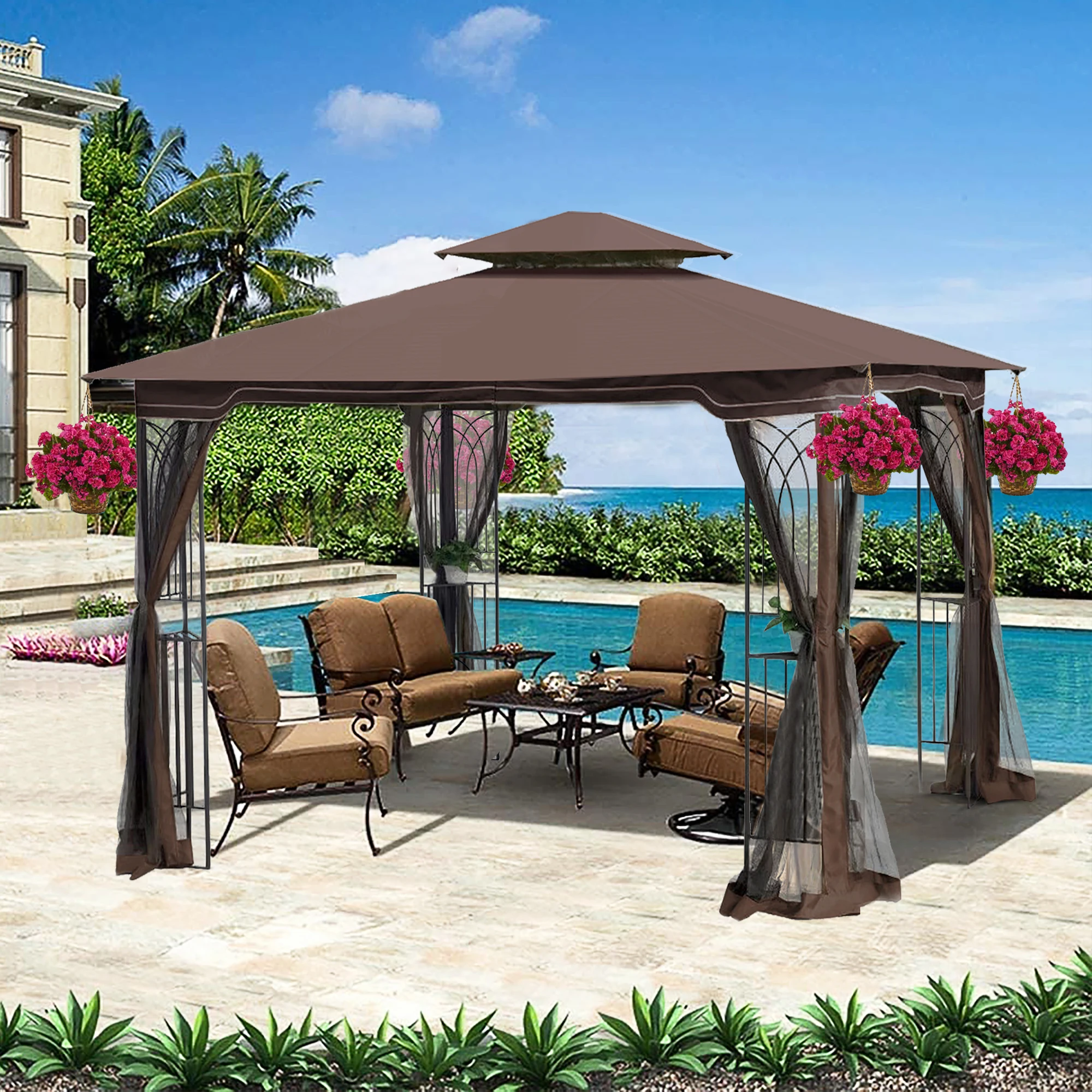

10x10 Outdoor Patio Gazebo Canopy Tent With Ventilated Double Roof And Mosquito net(Detachable Mesh Screen On All Sides)