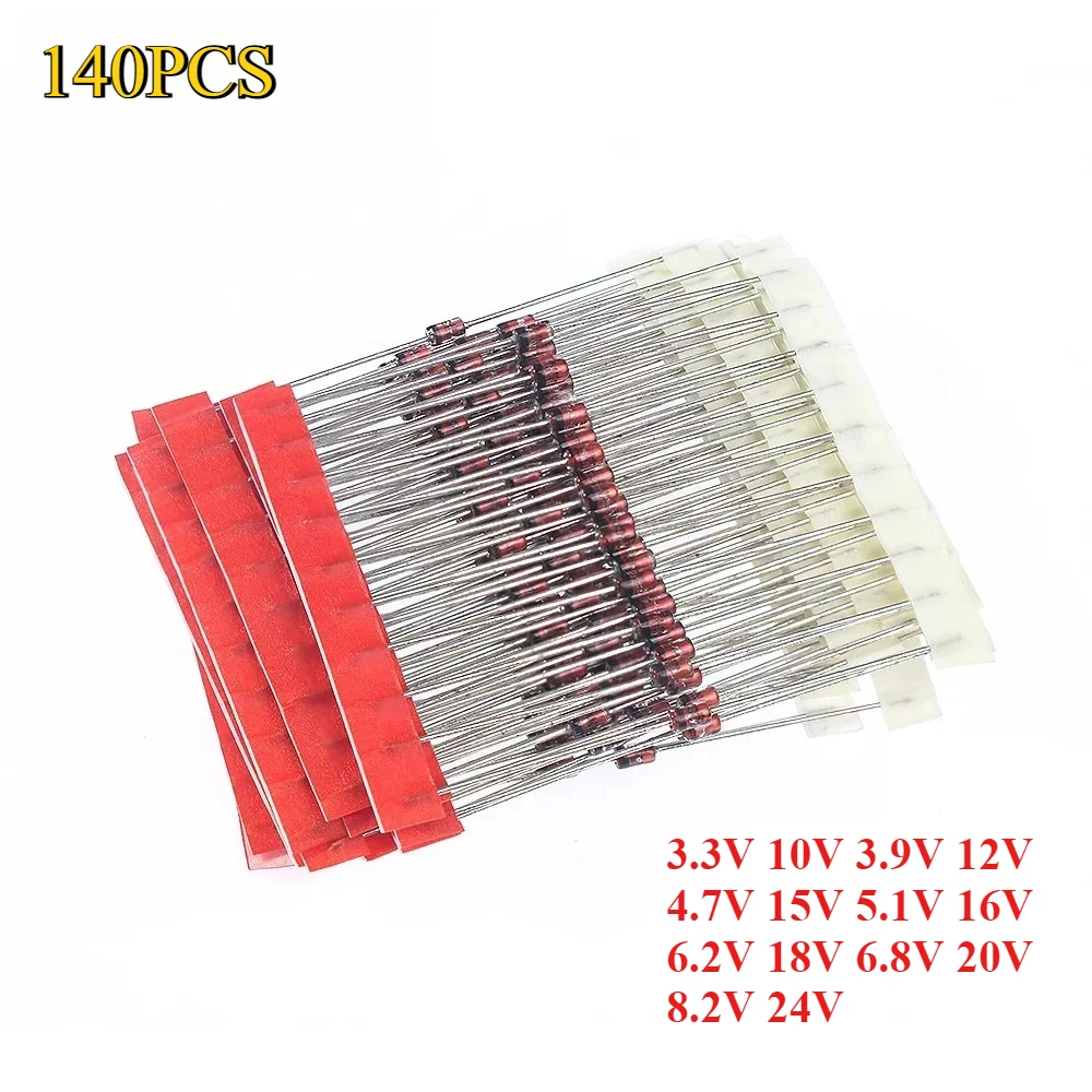 140PCS Zener Diode 1W 3.3V-24V Diodes Kit 3.3V 10V 3.9V 12V 4.7V 15V 5.1V 16V 6.2V 18V 6.8V 20V 8.2V 24V 14values Each 10pcs