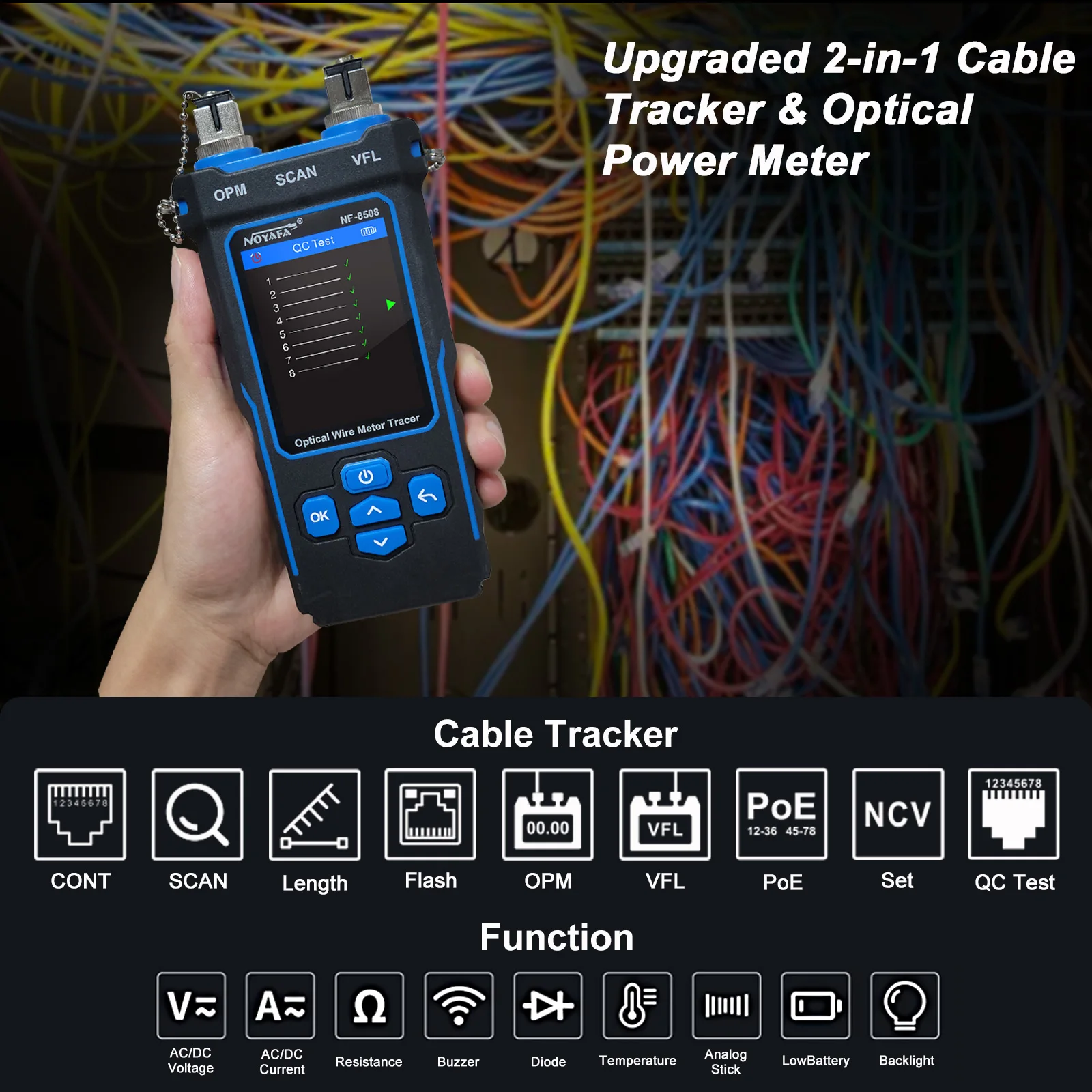 Imagem -03 - Noyafa Nf8508 Cabo Rastreador Lan Medidor de Potência Óptica Tester Display Lcd Medida Comprimento Wiemap Cabo Rede Testador