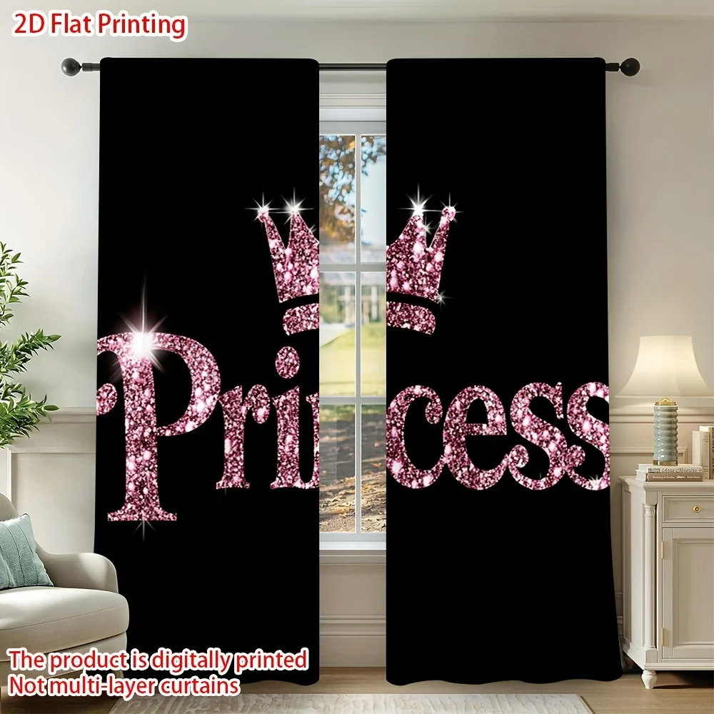 2D Flat - 2pcs Princess Crown Curtains Pink Glitter Print Blackout Drape Living Room Bedroom Window Treatment Home Decor