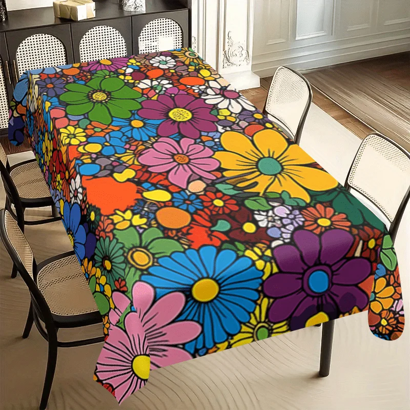 1pc Vibrant Colorful Floral Polyester Tablecloth - Durable Easy-Clean Rectangular Table Cover for Dining, Picnics, Camping, Birthday Parties & Sophisticated Table Settings, Picnic Table Cover, Bold Pattern Decor, Smooth Texture, Machinemade Quality