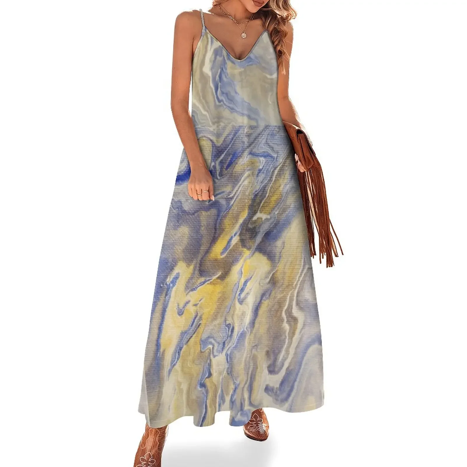 

Blue, yellow, and white acrylic pour 3 Sleeveless Dress luxury woman evening dress summer dress for women 2025