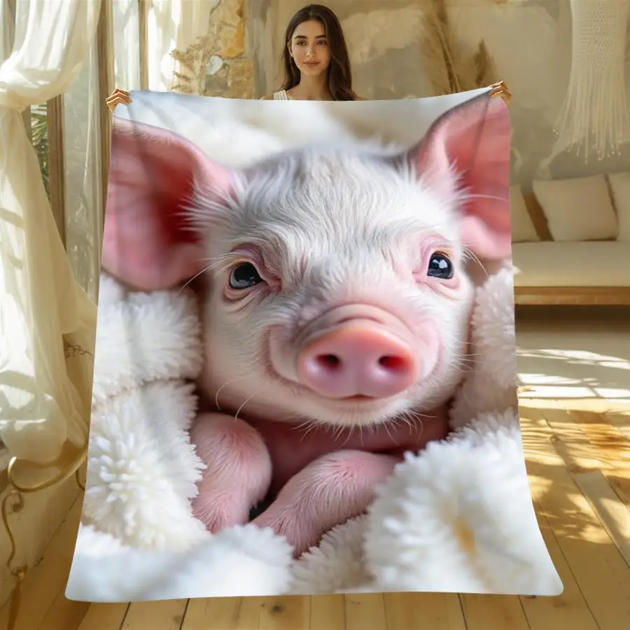 Newest Realistic Cute Baby Pig Portrait Flannel Throw Blanket, Cozy Farm Animal Blanket for Sofa Bed Bedroom Decor