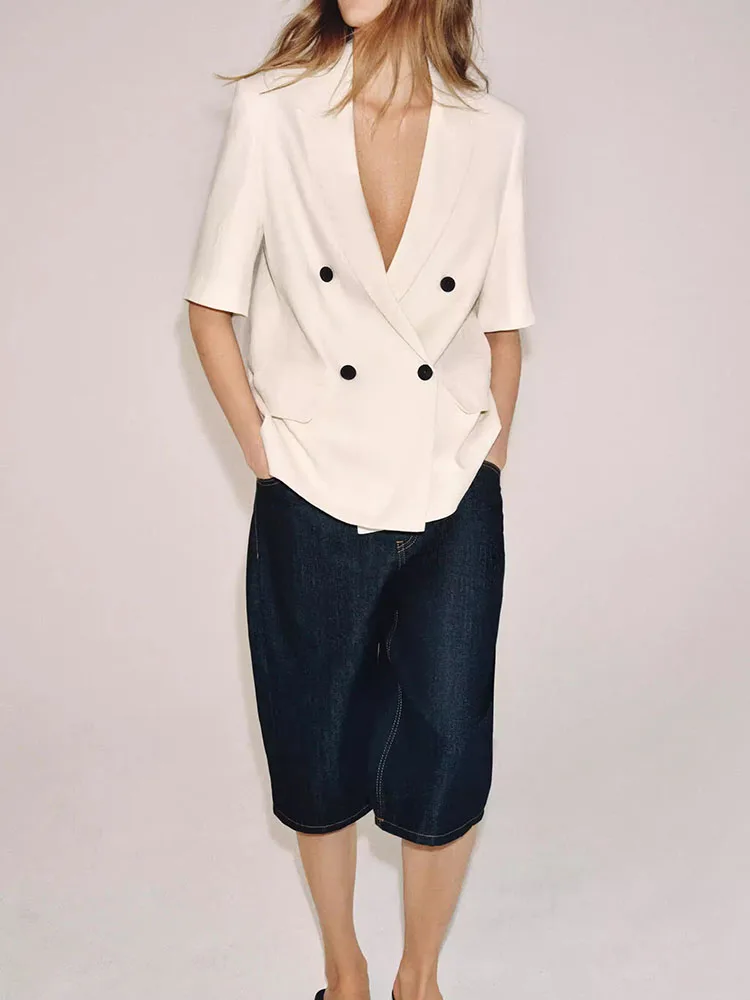 Elegant Summer 2026 Women's Loose Fit Short Sleeve Suit Jacket Turn-down Collar Casual High-end Feeling Commute Style Outerwear