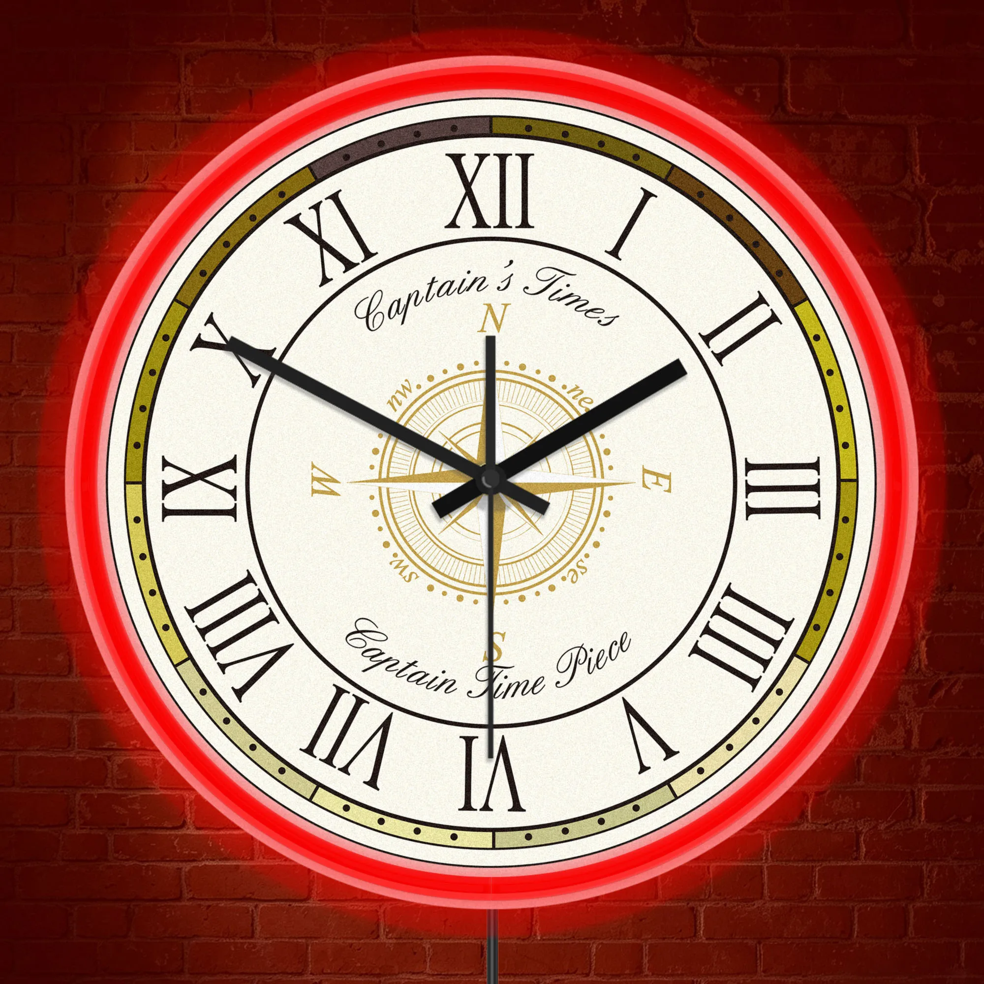Vintage Captain’s Compass Wall Clock For Beach House Boat Cabin Retro Maritime Wall Clock with LED Glowing Border Sailors Gift