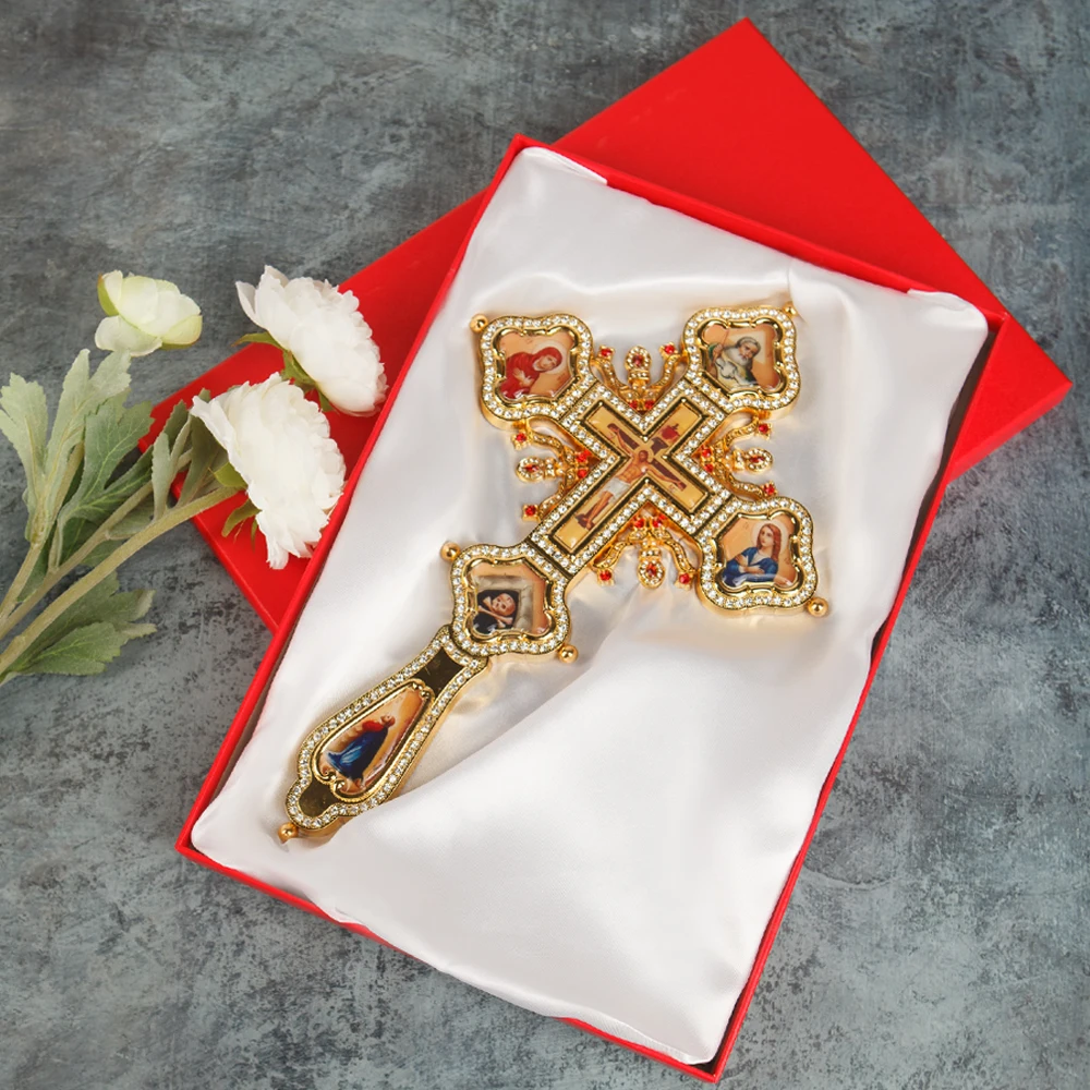 Gold Silver Two Tone Tabletop Orthodox Crucifix Multi Holy Icons Red Clear Rhinestone Church Chapel Liturgical Prayer Decor Gift