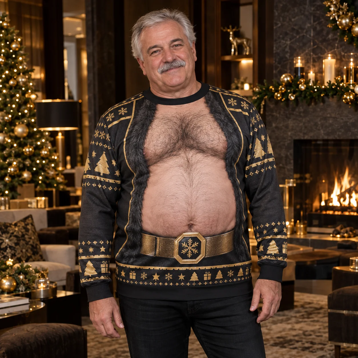 Black Gold Santa Belly Ugly Christmas Sweater Men 3D Print Polyester Crewneck Sweatshirt Funny Luxury Holiday Pullover