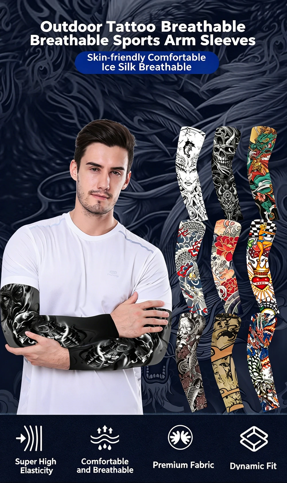 3 Pairs (6 PCS) Tattoo Sleeves Seamless Tiger Full-Arm Ice Silk Sleeves Breathable, Thin Outdoor Sports Arm Protectors