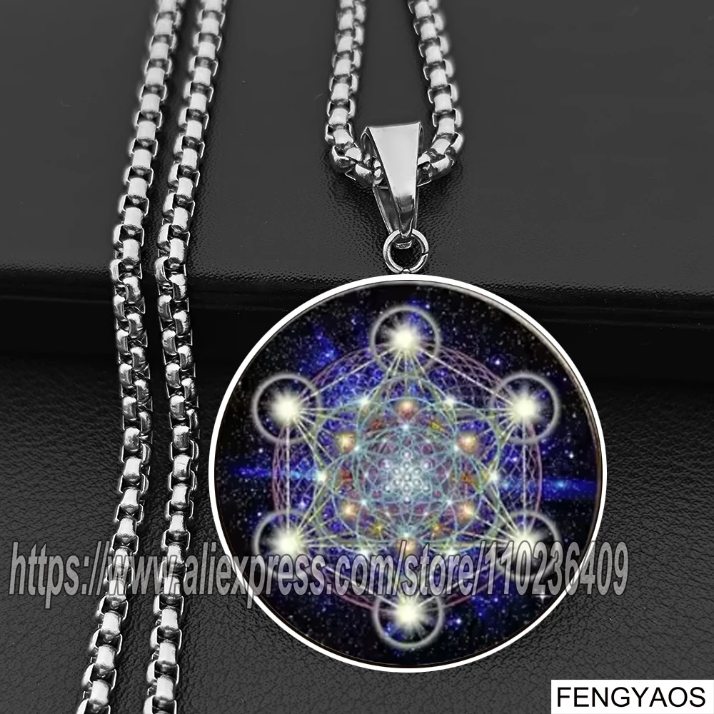 Stainless Steel Vintage Archangel Metatron Cube Necklace Sacred Geometry Hexagram Sri Yantra Amulet Jewelry