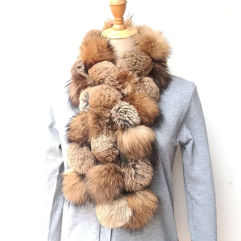 

Women Winter Real Raccoon Fur Pom pom Scarf Warm Thick Long Natural Fur Muffler Scarf Female Raccoon and Rabbit Fur Scarves