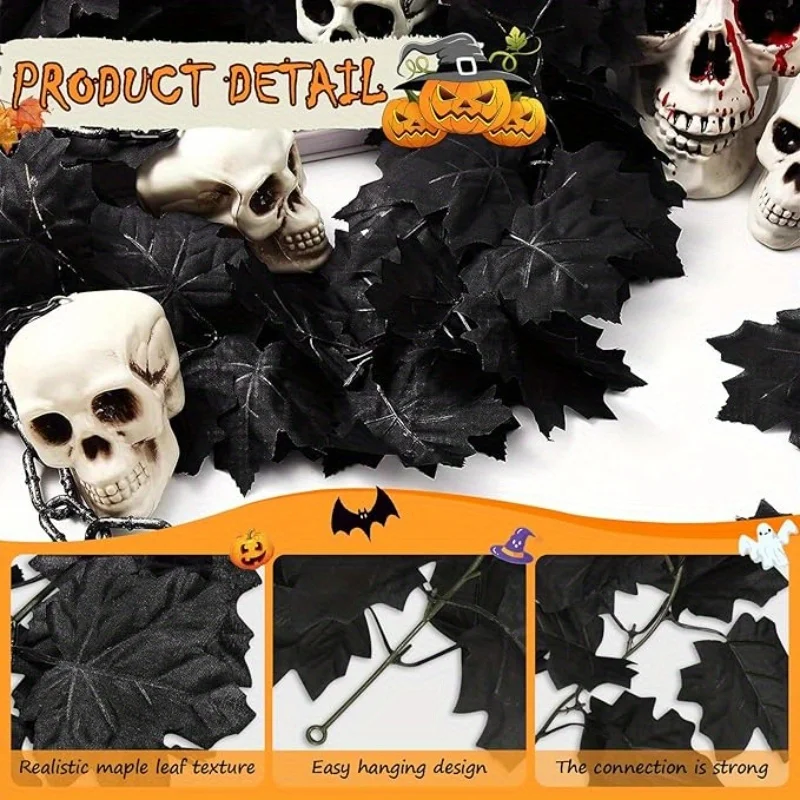 Schwarze Ahornblatt-Kränze, verbesserte künstliche Herbstblätter, Halloween-Dekoration für Zuhause, Kamin, Treppe, Fenster, Haustür, Ornamente – Detail 4