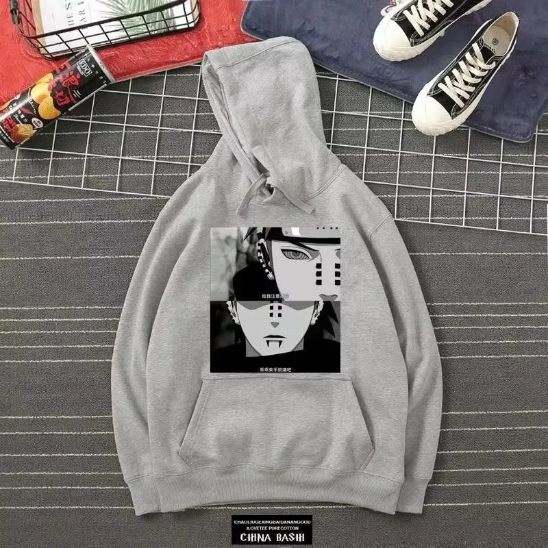 

Naruto New Hot Oversized Anime Streetwear Inspired Black Hoodie Split Face Design with Akatsuki Cloud Pattern Distressed Texture