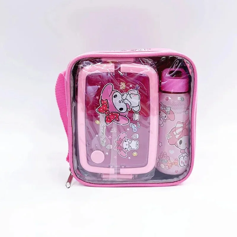 Kawaii Hello Kitty Lunch Box bollitore vestito MINISO Anime Kuromi bambini Cartoon tre griglia Lunch Box paglia tazza d'acqua nuovo