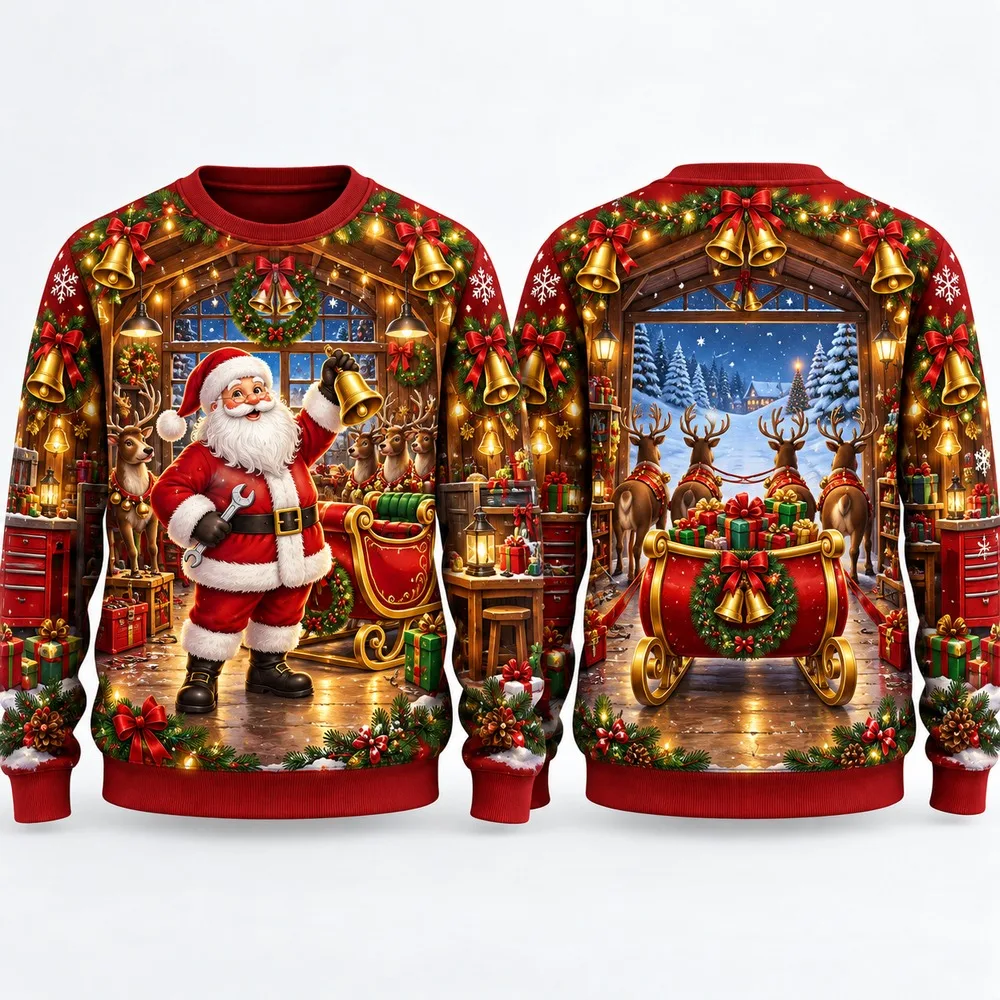 Santa Workshop Ugly Christmas Sweater for Men Women Festive Holiday Party Crewneck Pullover Long Sleeve Printed Sweaters