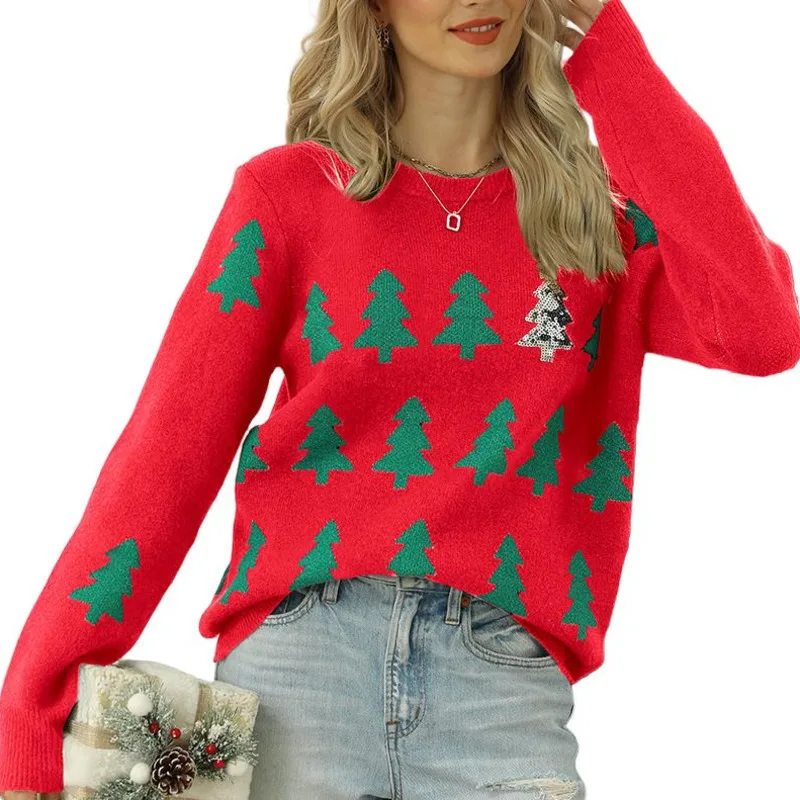 Fashionable Warm Women's Autumn And Winter Pullover Jacquard Christmas Tree Knitted Sweater Long Sleeved Red Christmas Sweater