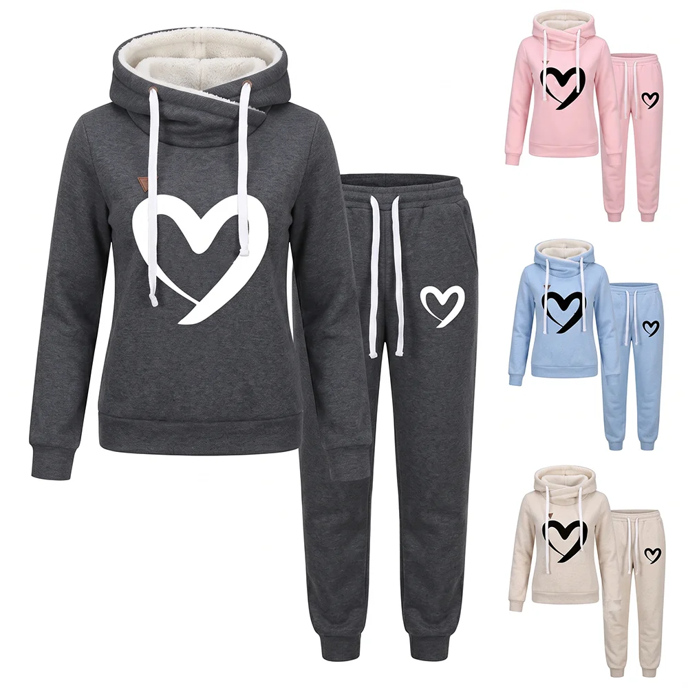 Winter Autumn Women Fleece Tracksuit 2 Piece Set Casual Love Heart Print Hoodie Sweatshirt and Jogger Pants Suit Warm Sportswear