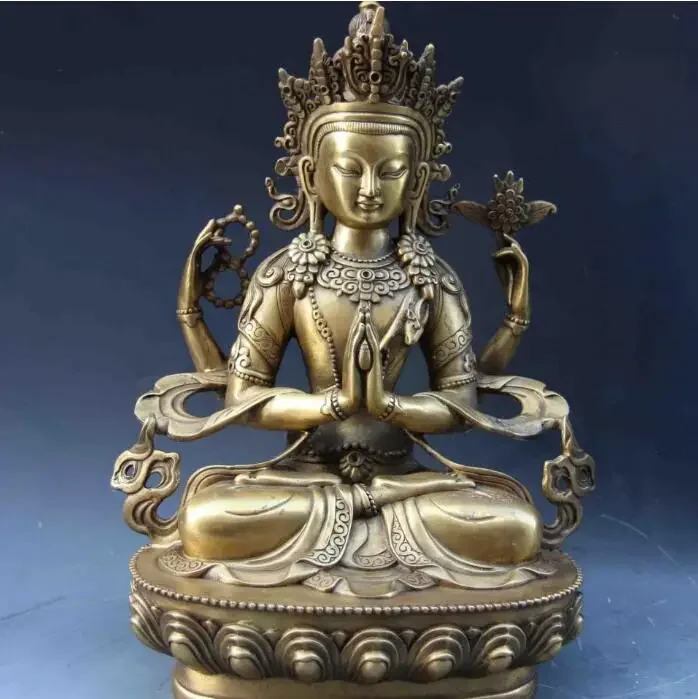 20cm Copper Satue Tibet Brass Four Arm hands Avalokitesvara Bodhisattva Kwan-Yin Guan Yin Buddha