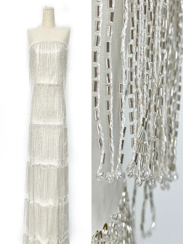 

African Heavy Beaded Lace Fabric 2025 High Quality Nigerian Sequin Pearl Lace French Tulle Fabric For Wedding Party Dress Sewing