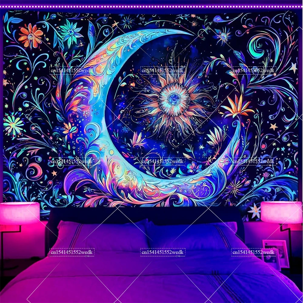 Blacklight Tapestry Moon Sun UV Reactive Aesthetic Bohemian Flowers Black Light Tapestry Wall Hanging Glow In The Dark Wallpaper