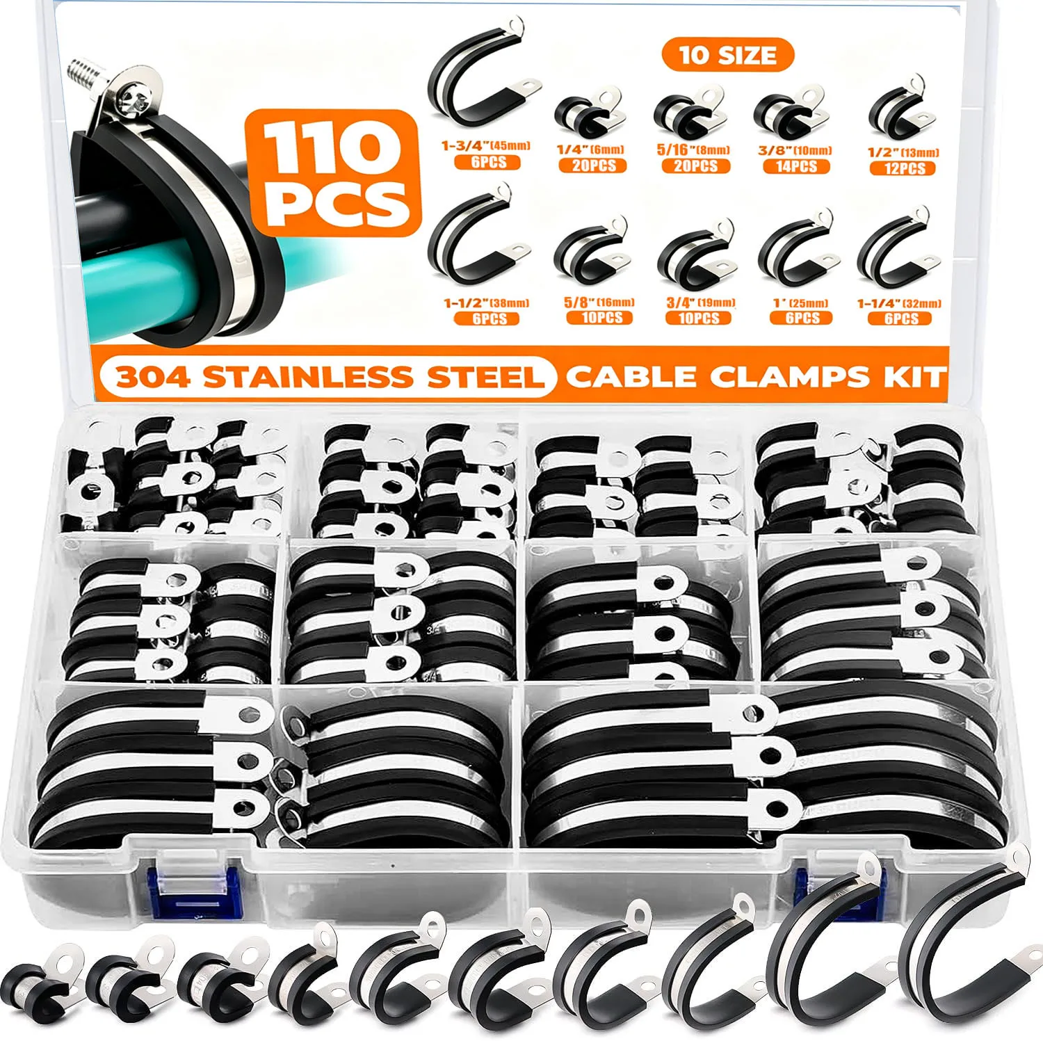 110Pcs 304 Stainless Steel Rubber Lined Hose Clamps Assortment Kit, U-Type Cable Clips Saddle Clamps 6-45mm