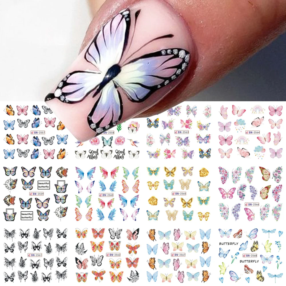 Schmetterling Wasser Nail Art Aufkleber Frühling bunte Schmetterling Blumen Blätter Transfer Schieber für Maniküre Dekorationen NLBN2557-2568