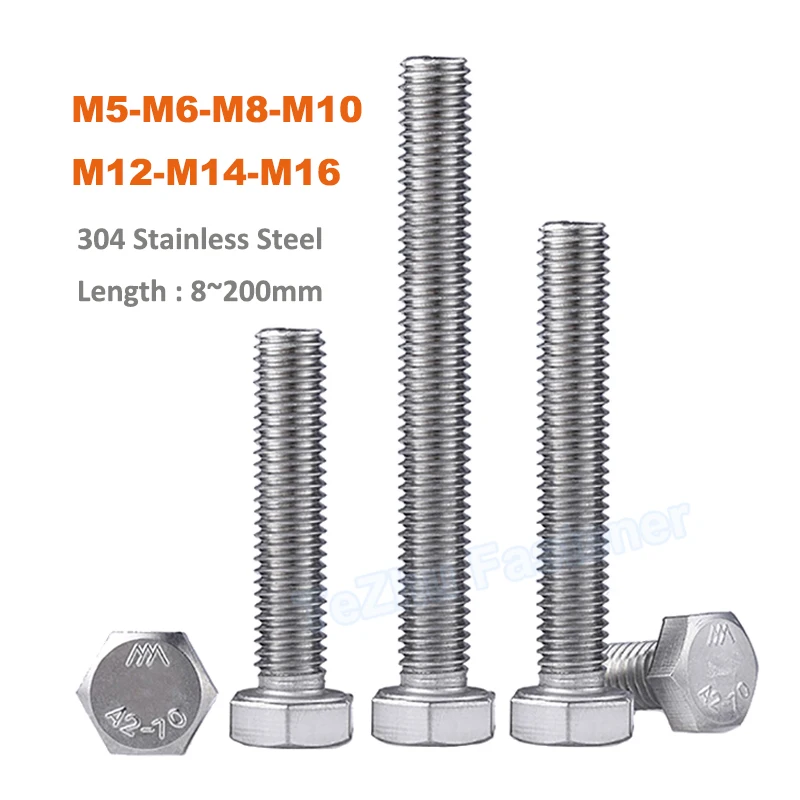 1-5pcs DIN933 M5 M6 M8 M10 M12 M14 M16 A2 304 Stainless Steel External Hex Hexagon Head Machine Screw Bolt Full Thread L=8~200mm