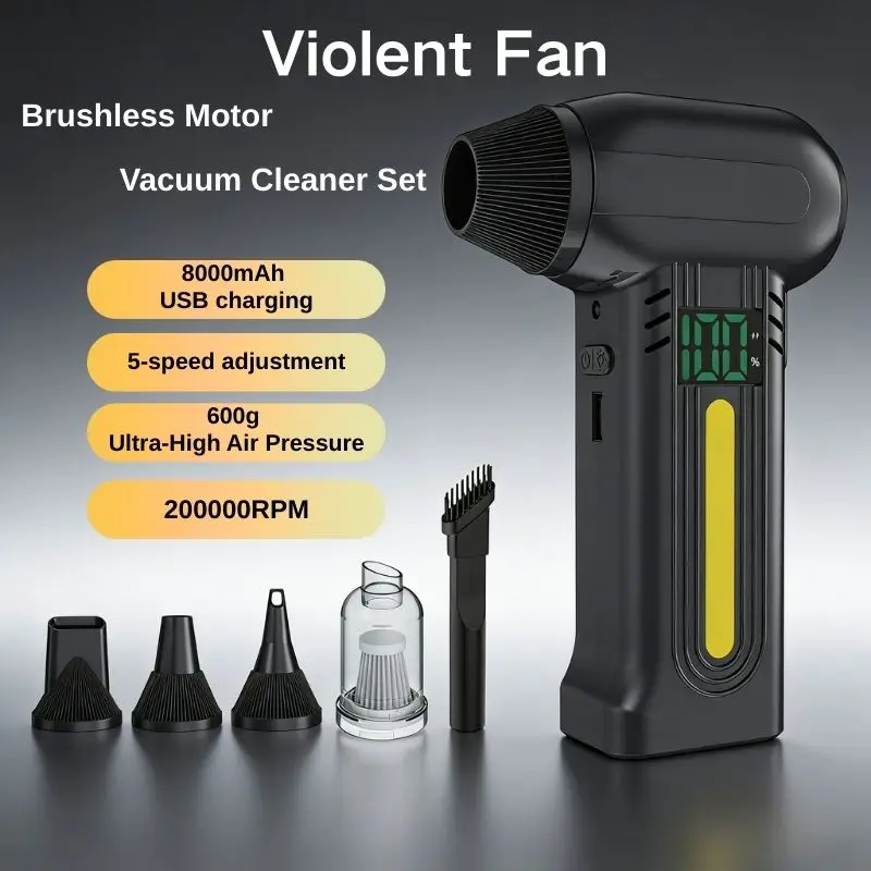 

6-in-1 Super Handheld Fan: 600g wind pressure, 200,000 RPM, 8000mAh battery with USB emergency power, includes dust-cleaning kit