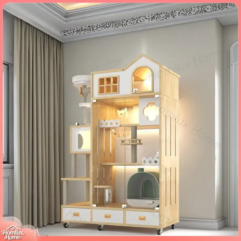 Luxury Large Wooden Cat Villa Elevated Cat House Cage Premium Pet Bed Apartment Indoor Outdoor Animal Pattern Furniture