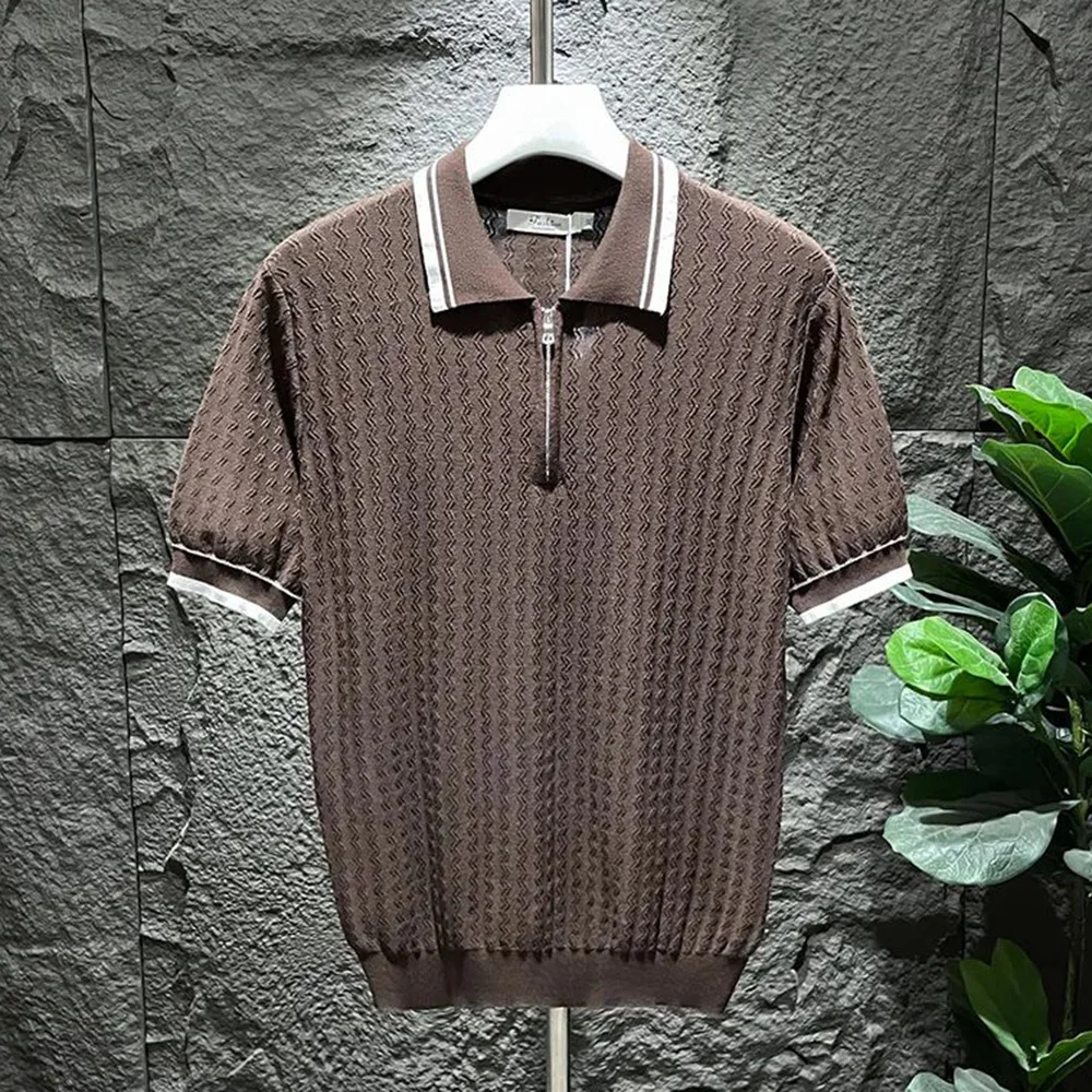 Mens Polo Shirt Summer Ice Silk Solid Classic Retro Texture Veins Short Sleeve Daily T-Shirt Youth Men's Slim Trendy Tops 2024