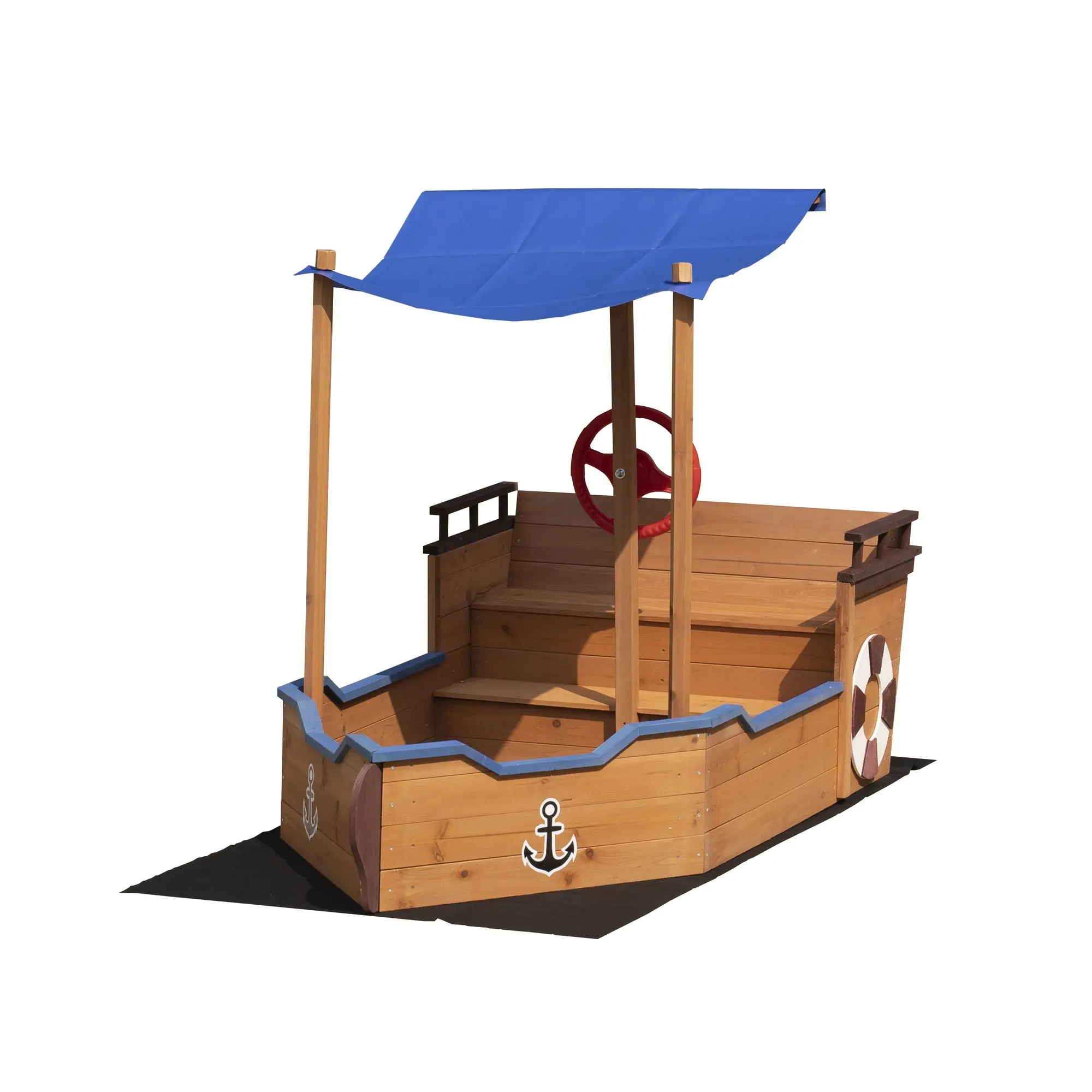 Pirate Ship Sandbox with Cover and Rudder, Wooden Sandbox with Storage Bench and Seat, Outdoor Toy for Kids Ages 3-8 Years Old