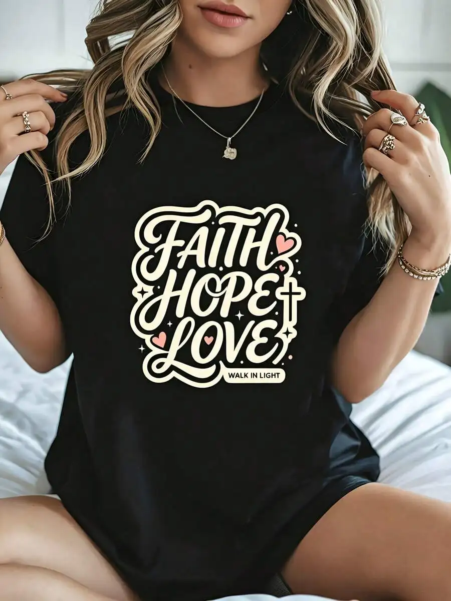 Women Crew Neck Short Sleeve T‑Shirt Casual Faith Hope Love Religious Graphic Print Summer Daily Wear Gift For Christian Women Ladies Top