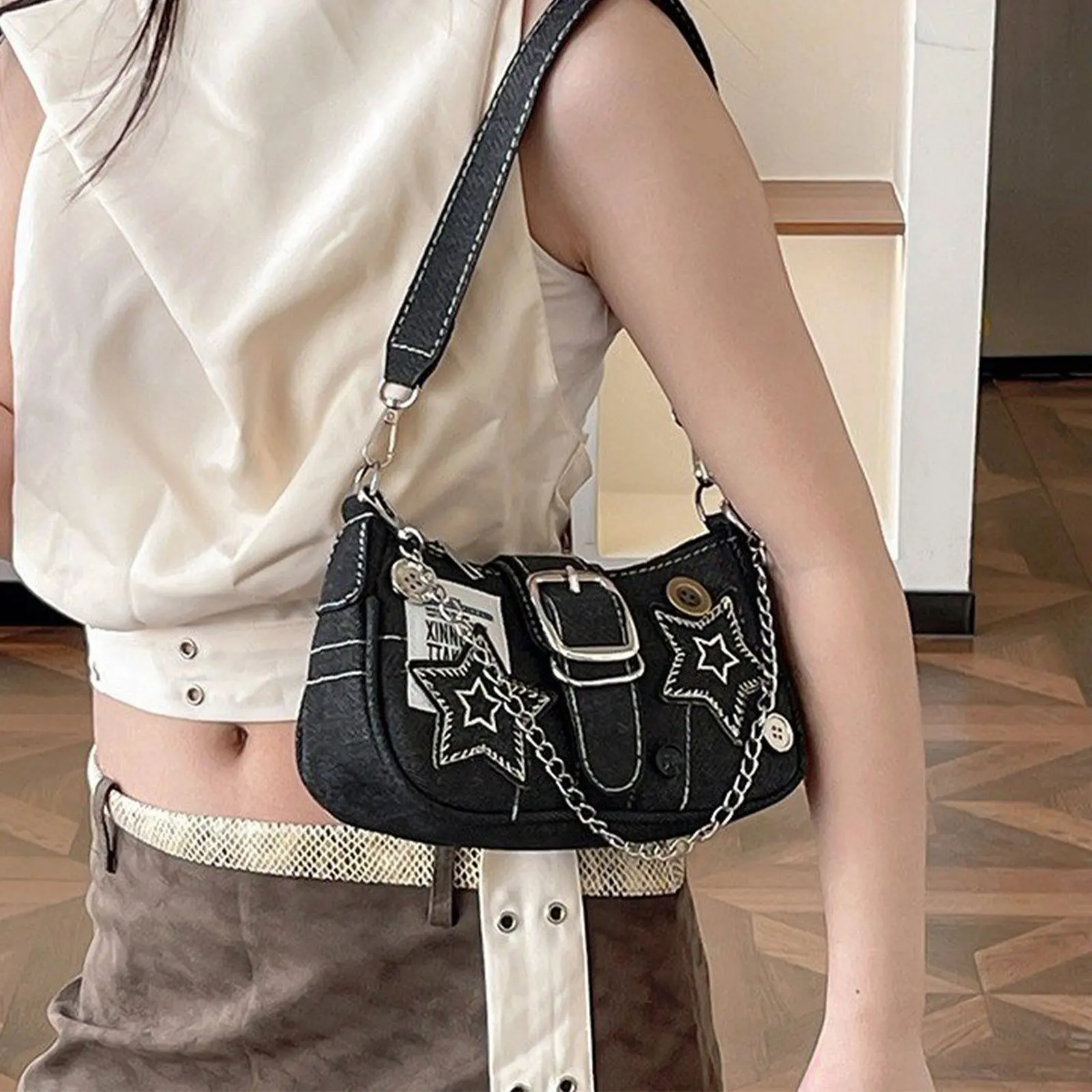 Underarm Bag Hot Girls Shoulder Bag Trendy Star Decor Buckle Decor Handbags Purse Motorcycle Y2K Crossbody Bag Stylish Punk