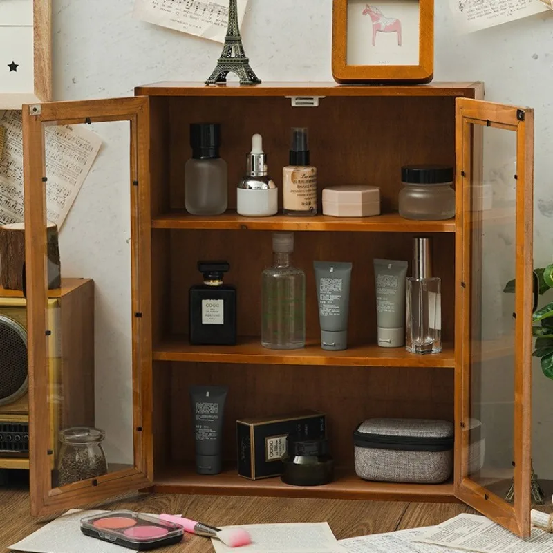 Household retro style handmade items storage cabinet double door two-layer finishing cabinet hotel decorative wooden storage cab