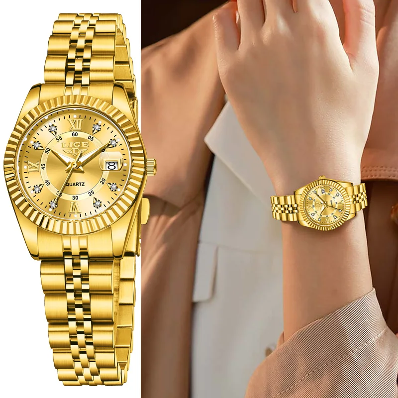 

LIGE женские золотые классические кварцевые часы женские элегантные часы роскошные подарочные часы женские водонепроницаемые наручные часы для женщин + коробка