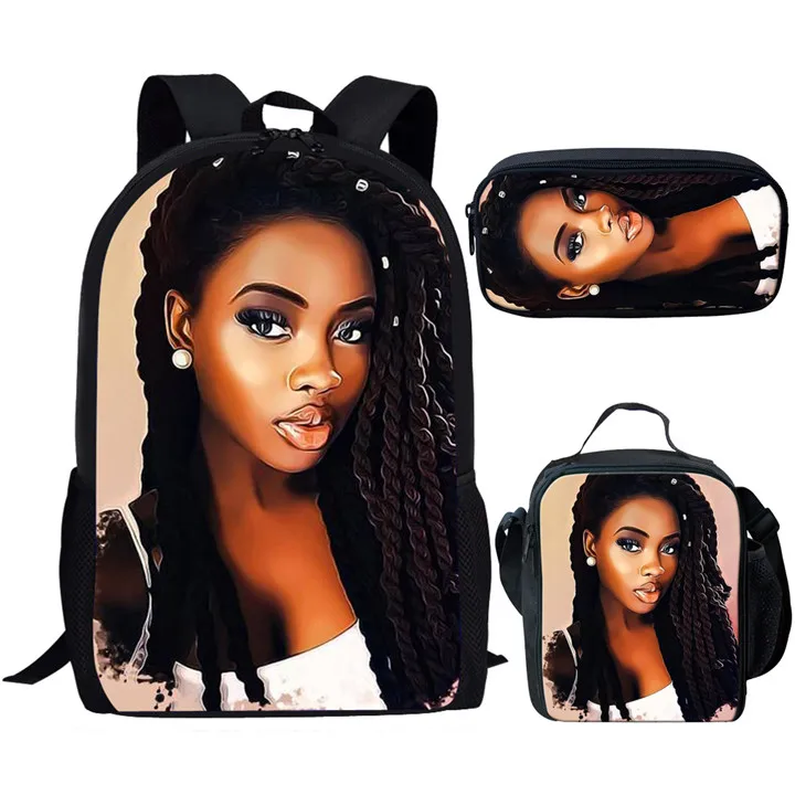 Sacs d'école créatifs pour élèves, sac à dos pour ordinateur portable, sac à déjeuner, trousse à crayons, impression 3D, populaire, nouveauté drôle, filles africaines, ensemble de 3 pièces