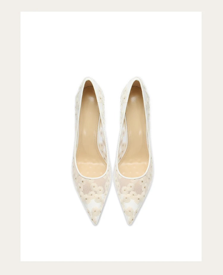 2025 Embroidered Flower White High Heels Femininity Mesh Single Shoes