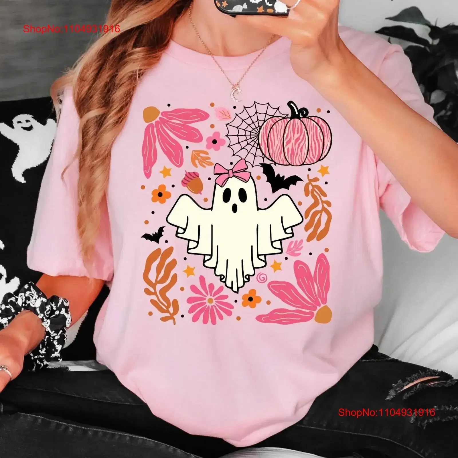 

Cute Halloween GhosT T Shirt Pink Floral Fall Happy Spooky vintage Washed Casual Stylish designer clothes graphic Unisex