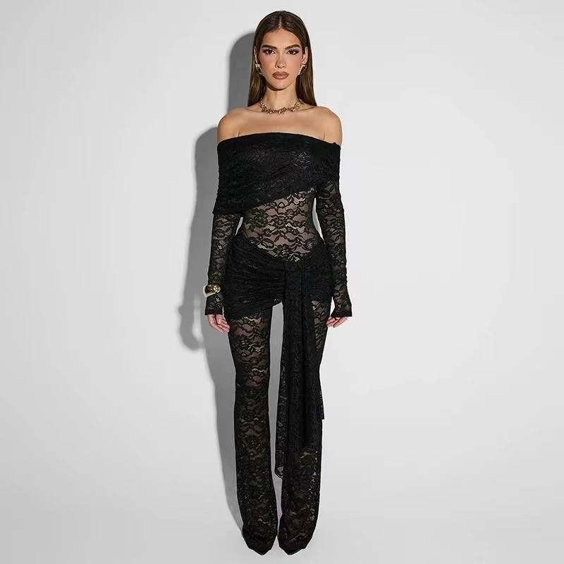 

Сексуальный кружевной прозрачный облегающий комбинезон с высокой талией, длинные брюки, тонкая полиэфирная ткань, весенняя коллекция, китайский заказ