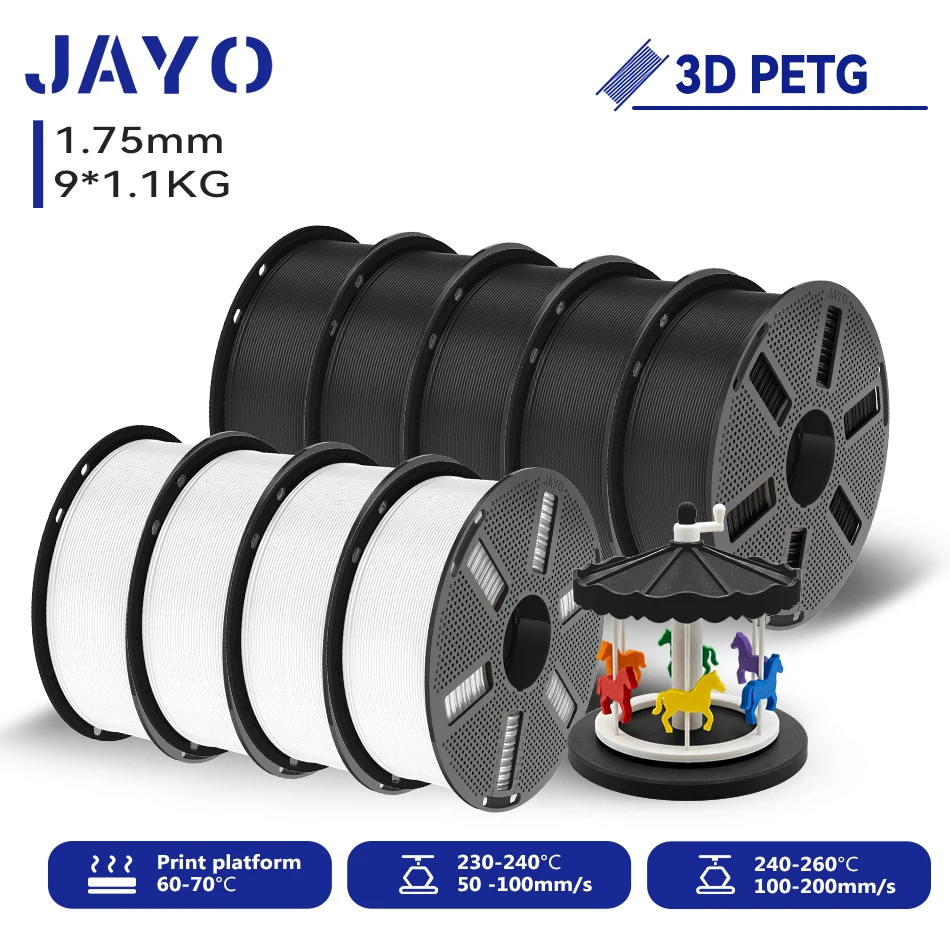 JAYO 9,9 kg 3D PETG/PETG Klares Druckerfilament 1,75 mm ±0,02 mm Hohe Zähigkeit & 100 % ordentlich gewickeltes 3D-Druckfilament, passend für 99 % der 3D-Drucker