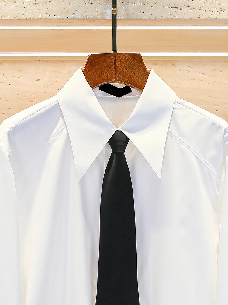 قميص نسائي راقٍ بأسلوب الكلية مع ربطة عنق، ياقة بيضاء قابلة للطي، قصة مستقيمة، أكمام طويلة، ياقة بولو، مقاس منتظم، مناسب للعمل