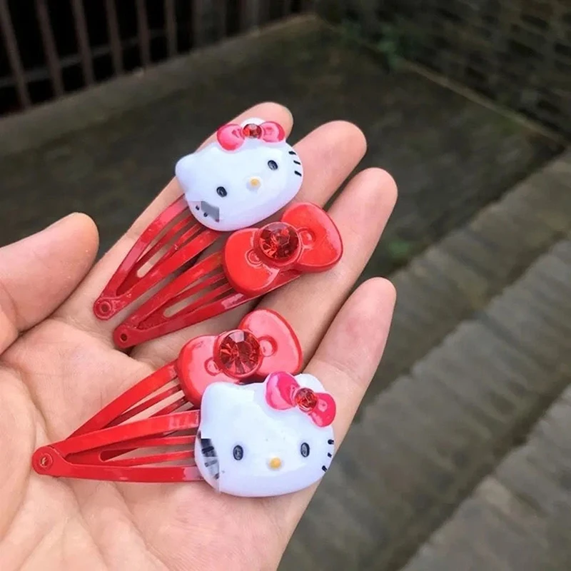 Sanrio Kawaii Hairpin Pink Hello Kitty BB Clips Sweet Cute Cat Hair Clip Zircon Bow Bangs Clip Girl For Girls Hair Accessories