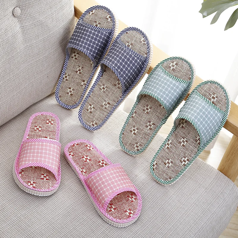 2024 New Checkered Indoor Home Shoes Linen Slippers Summer Cool EVA Couple Slippers Non Disposable Guest Home Warm Shoes