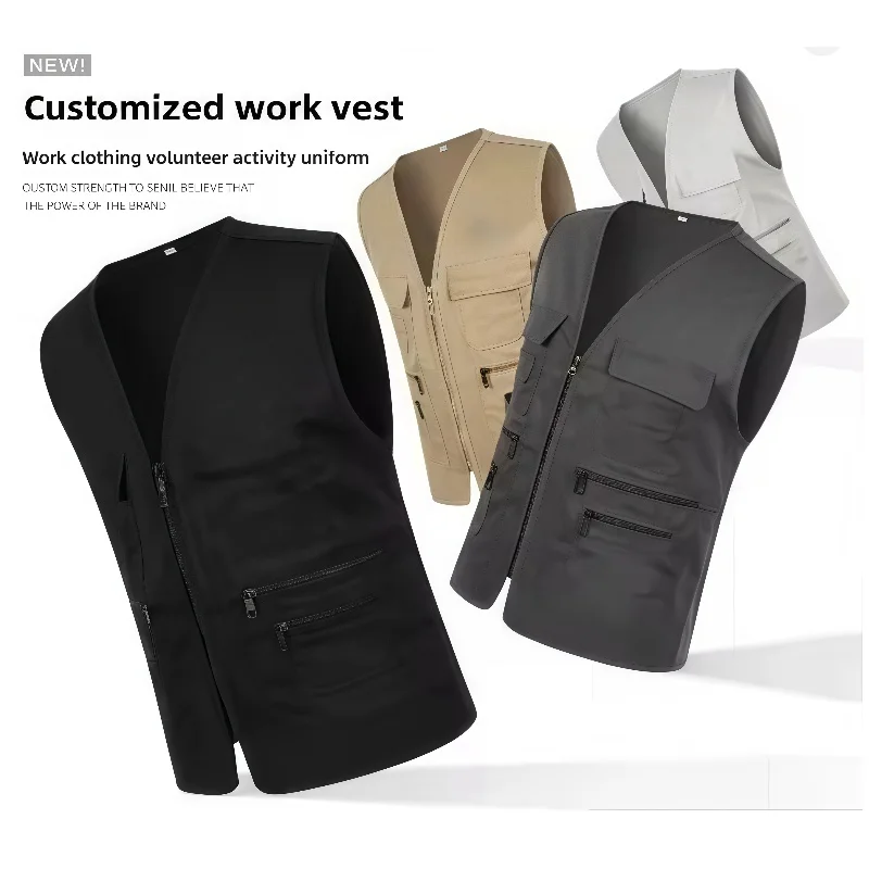 Work Clothes Vest Multi-pocket Solid Color Casual Sleeveless Zipper Working Clothing V Neck Volunteer Vest for Fishing