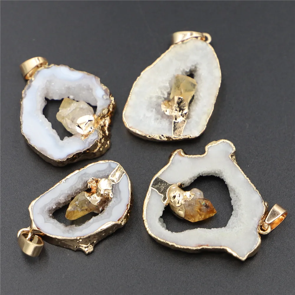 

Fashion Natural Stones Irregular Agate Druzy Citrine Pendants Onyx Crystal Necklace Reiki Charms Jewelry Making Accessories 4Pcs