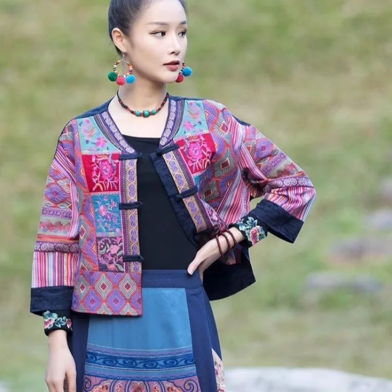 

Ethnic Style Retro Cardigan Printed Disc Button Women's Short Coat
