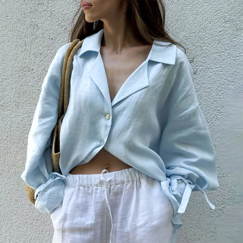Women Solid Shirt Cotton Linen Tops Drawstring Cuff Long Sleeves Turn Down Collar Single Breasted Thin Loose Casual 2026 Autumn