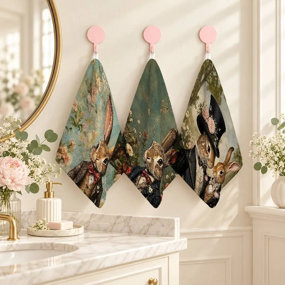 Vintage Easter Rabbit Gentleman Small Printed Hand Towel 25x30cm Soft Polyester Cotton Towel For Bathroom Kitchen Sink Use