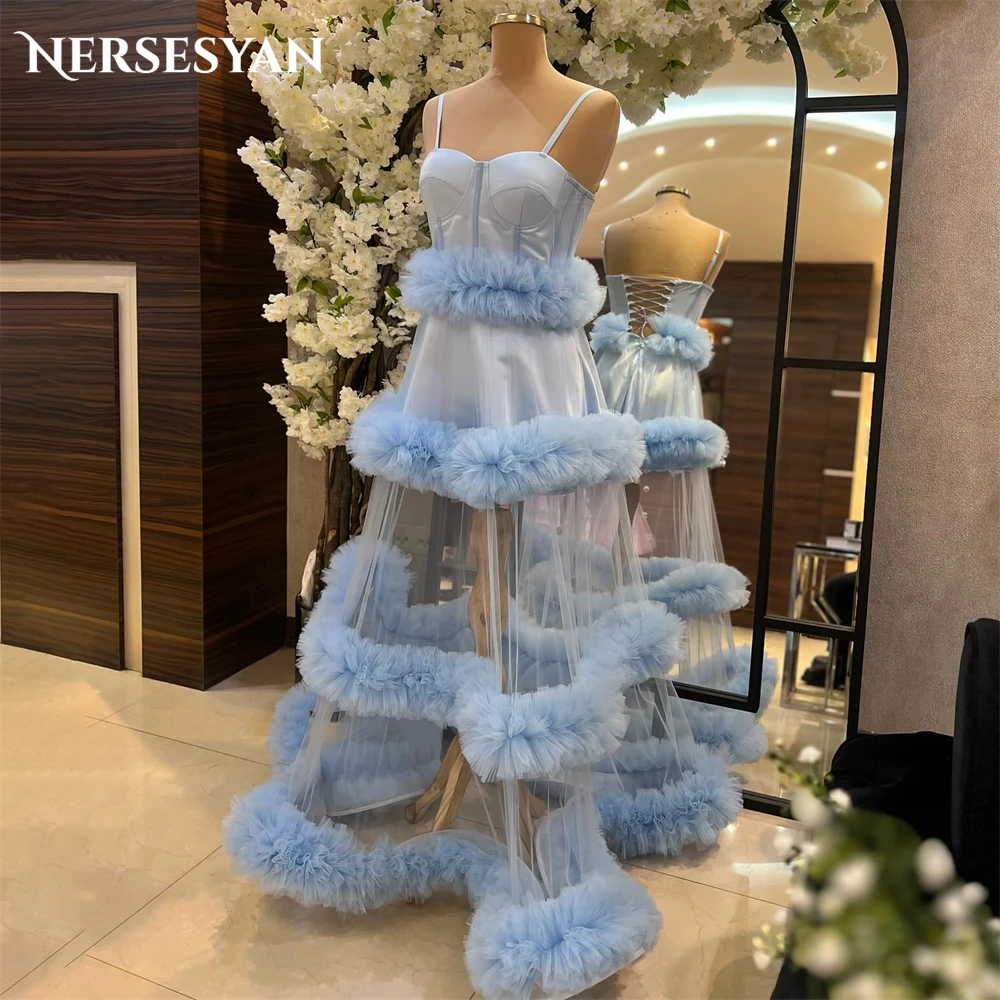 

Nersesyan Sky Blue Formal Prom Dresses Spaghetti Straps A-Line Sweetheart Evening Dress Ruched Tiered Short Lining Party Gowns